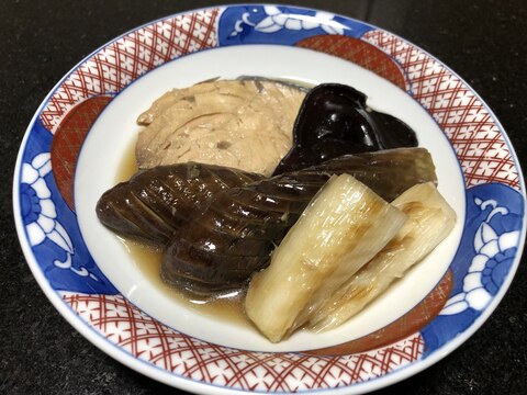 とんぼ節と茄子、白ネギの煮物